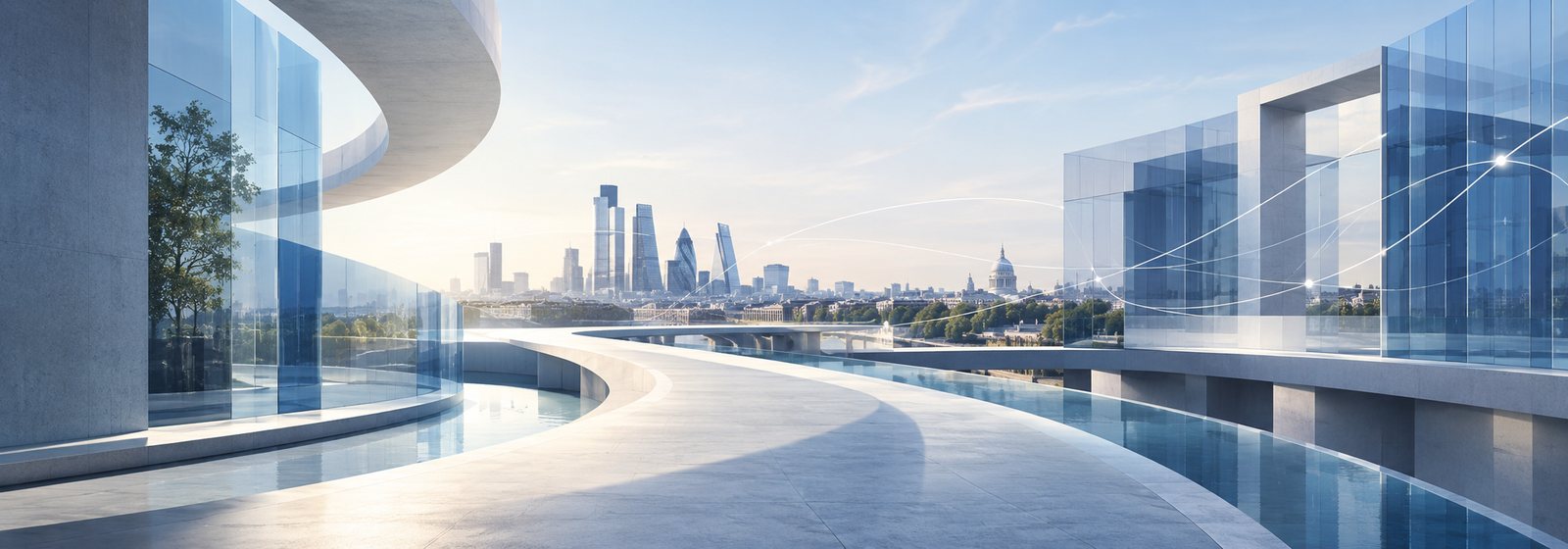 The London skyline seen from a modern riverside development
